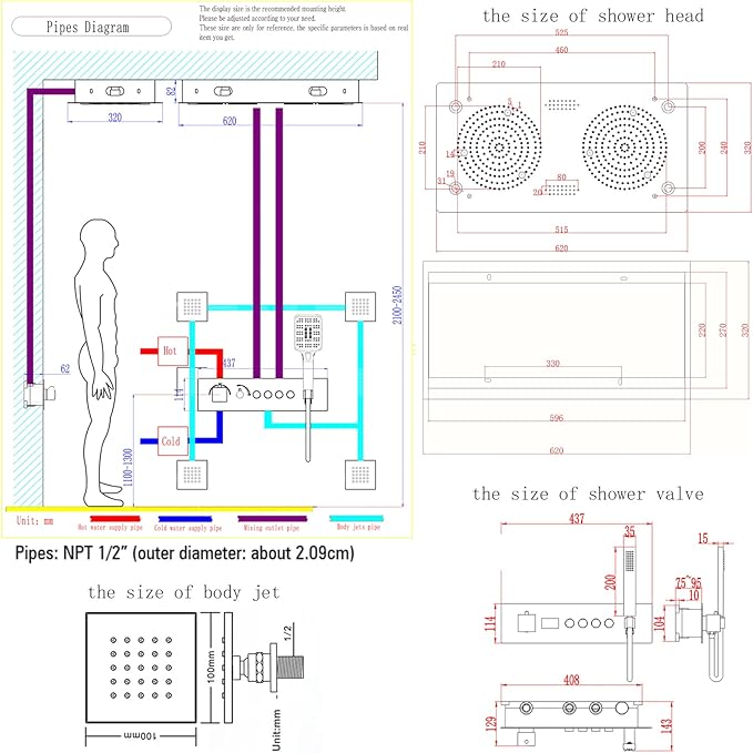 Brushed Gold Thermostatic Rain LED Shower System With Spa Body Jets, 12.5X24.5 Inch Large Horizontal Rectangle Ceiling Shower Head, Double Bath Shower Set Flow Can Be Controlled