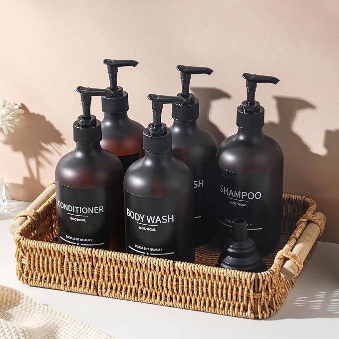 Refillable Matte Amber Plastic Shampoo and Conditioner Bottles (5 Pack, 16.9oz), with Pumps and Labels