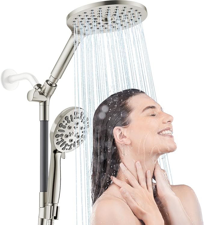 HOWUWEY Dual Shower Heads with Handheld Spray Combo, 7.5" High Pressure Rainfall Showerhead, Double Shower Heads with Handheld Spray, 9 Modes Hand Showerhead with 79" Hose (Standard, Brushed Nickel)