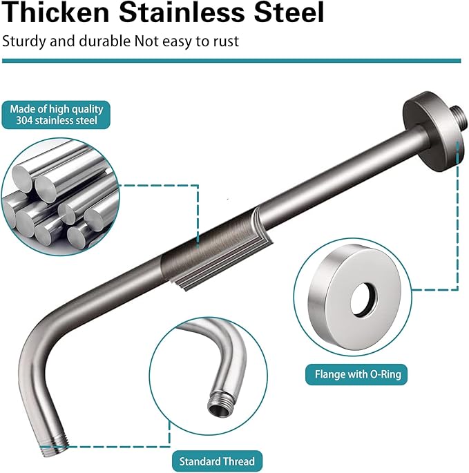 12 Inch Shower Arm with Flange,Stainless Steel 90 Degree Rain Shower Head Extension Arm,Wall-Mounted Shower Head Arm for Fixed Shower Head,Brushed Nickel