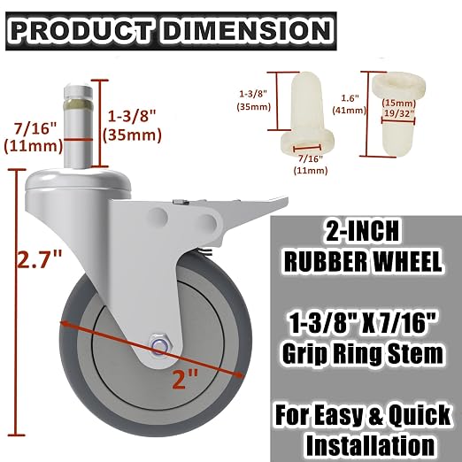 2-Inch Swivel Stem Caster, 7/16-Inch Diameter Grip Ring Stem Rubber Wheel - Image 2