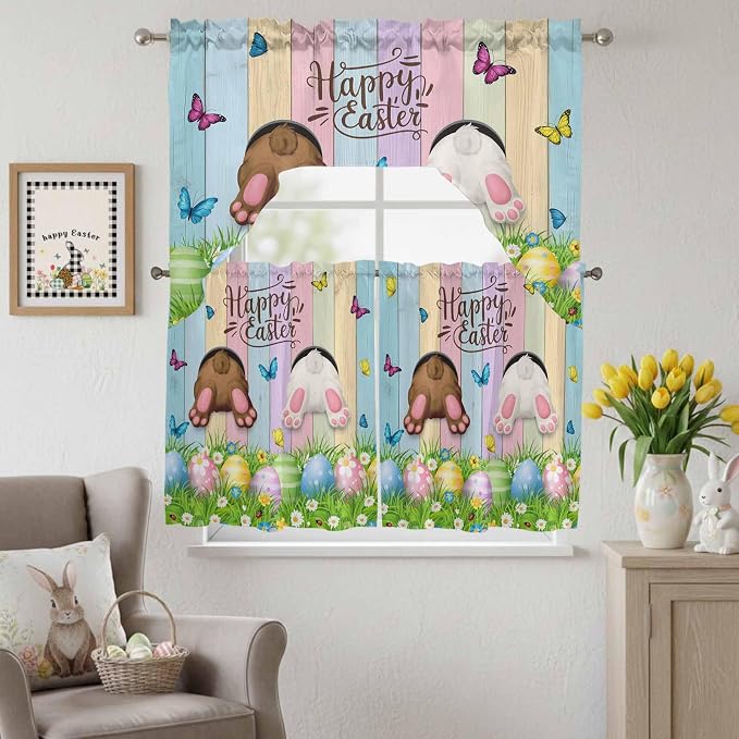 Swag Valance Curtains, Happy Easter Rabbit Butt Egg on Daisy Leaf Rod Pocket - Image 3