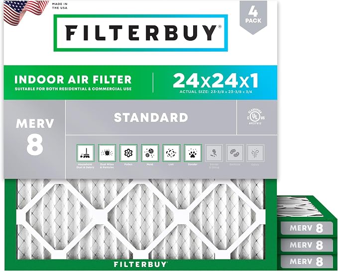 Filterbuy 24x24x1 Air Filter MERV 8 Essential Dust & Allergy Defense, by Filterbuy