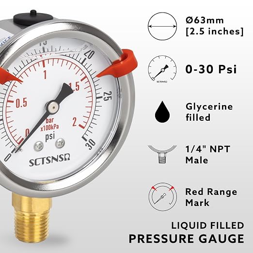 0 to 30 Psi Pressure Gauge, Glycerin Liquid Filled, 2.5 inch Dial, 1/4" NPT - Image 2