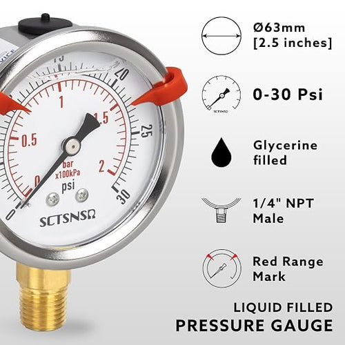 0 to 30 Psi Pressure Gauge, Glycerin Liquid Filled, 2.5 inch Dial, 1/4" NPT - Image 2