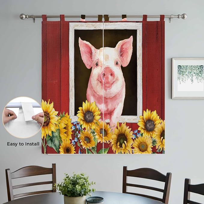 Pigs Sunflowers Bathroom Curtains 63 Inch Length, Window Curtains Tab Top - Image 4