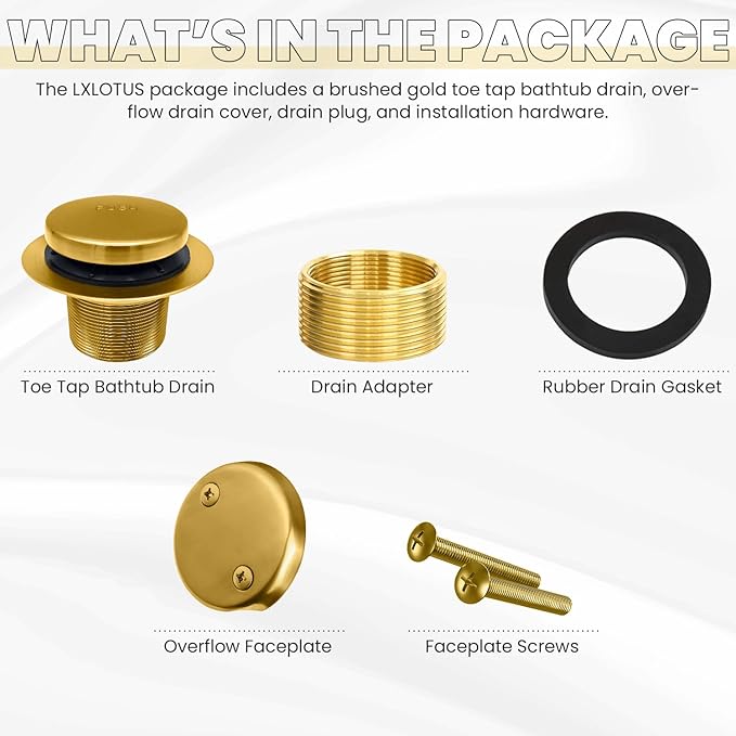 LXLTOUS Brushed Gold Toe Tap Bathtub Trim Set with Two-Hole Overflow Faceplate, Replacement Brass Tub Drain Kit with 2-Hole Overflow Cover and Universal Fine/Coarse Thread, Fits 1-3/8" and 1-1/2"