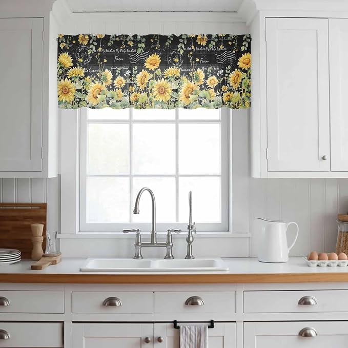 Summer Floral Sheer Valance Curtains, Watercolor Sunflower Eucalyptus Leaves - Image 2