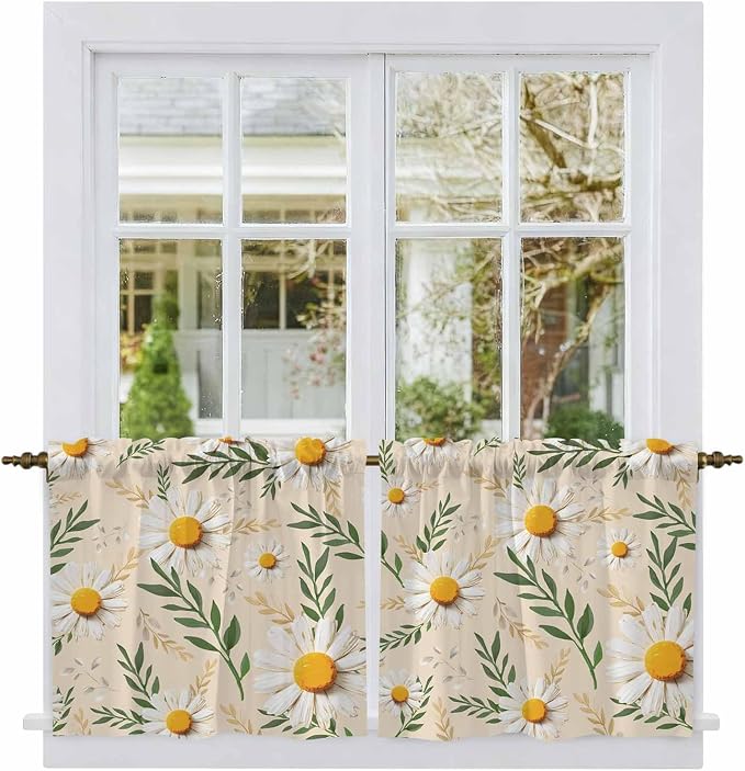 Spring Daisy Tier Curtains, Country Watercolor Flower Leaf Plant Light by Unknown
