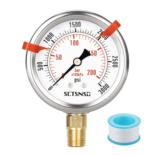 0 to 3000 Psi Pressure Gauge, Glycerin Liquid Filled, 2.5 inch Dial, 1/4" NPT by SCTSNSR