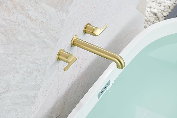 SITGES Solid Brass Wall Mount Tub Filler,10" Long Spout Reach Wall Mount Bathtub Faucet with Two Lever Handles, High-End Design, High Flow Bathtub Faucet Set with Rough-in Valve included, Brushed Gold