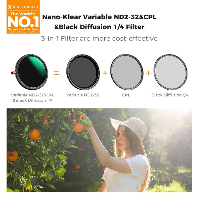 K&F CONCEPT 82mm Black Diffusion Mist Effect 1/4 & Variable ND2-32 & Circular - Image 2