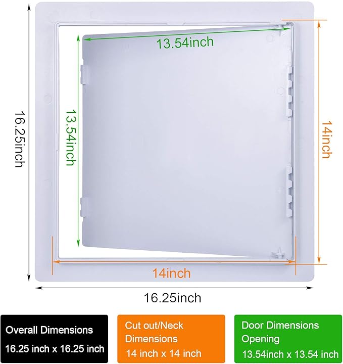 Plastic Wall & Ceiling Access Panel, 14 x 14 Inch, Reinforced Hinged, Removable, White