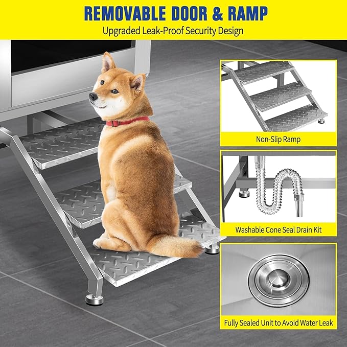 50 Inch Stainless Steel Dog Washing Station, Professional Grooming Tub with Stairs for Large Dogs, Home Bathtub for Pets with Hot & Cold Faucet