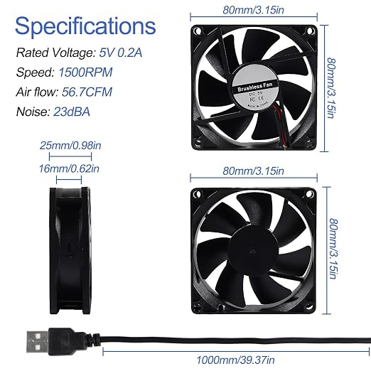 UMLIFE 2PACK DC 80mm USB Fan 5V 8025 Dual Ball Bearing Brushless Cooling - Image 6