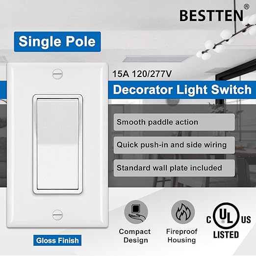 BESTTEN 30 Pack Single Pole Decorator Light Switch, Rocker Paddle Wall Switch, On/Off Interrupter, w/Wall Plate, 15A 120/277V, UL Listed, White