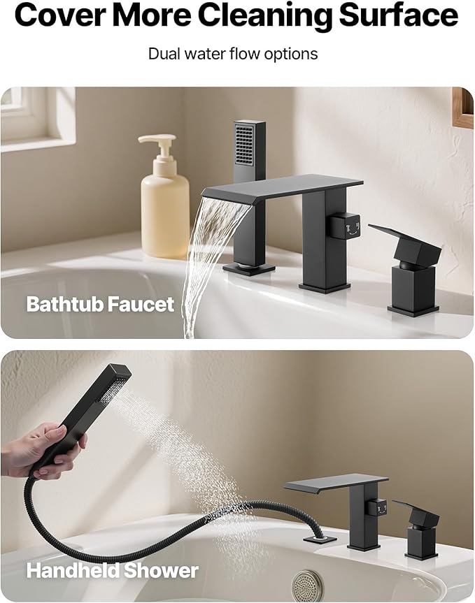 VEVOR Roman Tub Faucet, 3 Hole Waterfall Bathtub Faucet, Roman Bathtub Faucets Set with Shower Head & 1 Handle, Deck Mount Bath Tub Faucets Set for Pet Washing, Baby Care, Adult Bathing, Matte Black