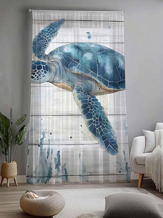 Sheer Curtains 108 Inches Long, Teal Green Ocean Turtle Semi Sheer Curtains - Image 2