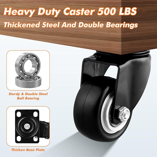 2" Casters Set of 4 Heavy-Duty Industrial Caster Wheels Sturdy Double Ball - Image 4