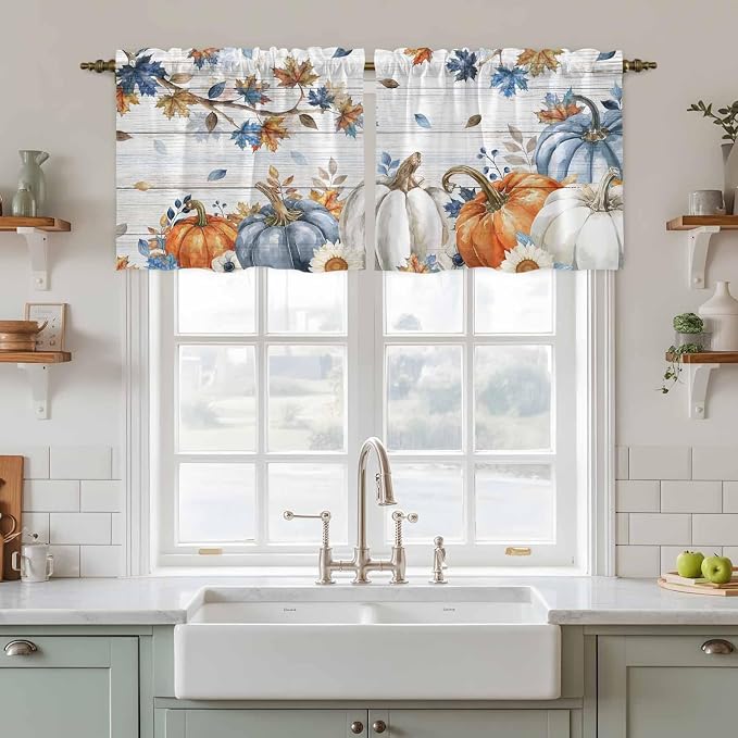 Thanksgiving Pumpkin Kitchen Tier Curtains 36 Inch Long 2 Panel Set, Rod Pocket - Image 3