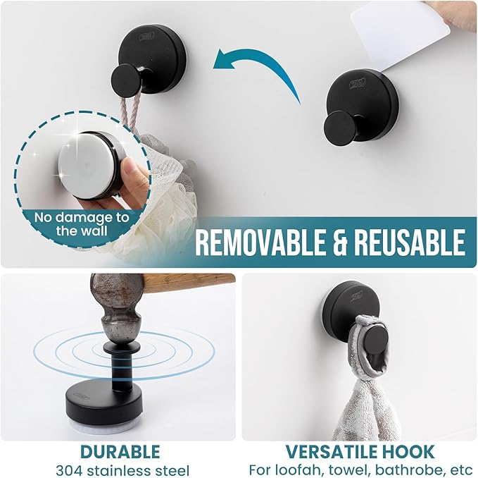 TAILI Stylish 304 Stainless Steel Bathroom Suction Hooks for Towel, Bathrobe, Loofah, No Damage Hanging Glass Shower Wall Hook, Patented Strong Suction Cup Holder, Hold Up to 11 Lbs, O-Cylinder Black