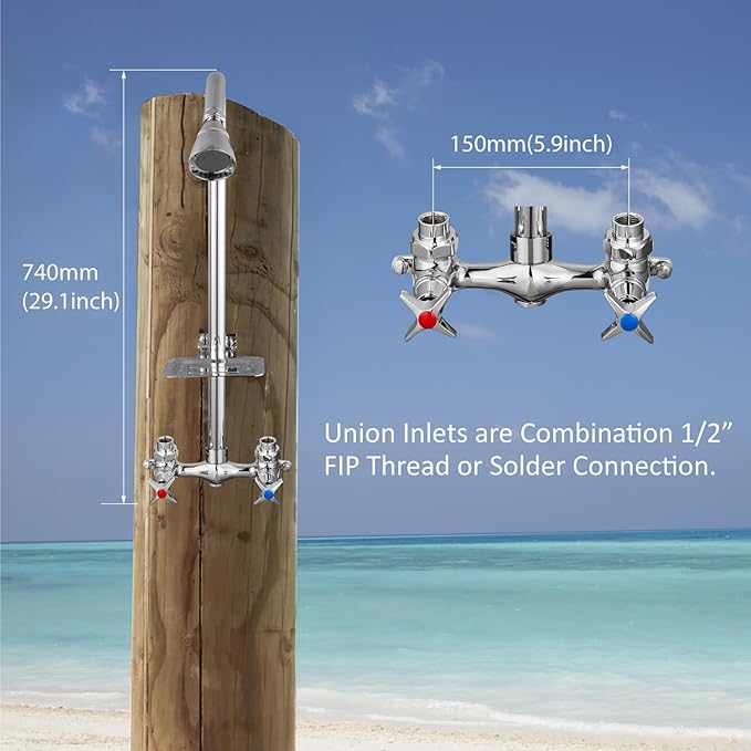 Aolemi Outdoor Shower Kit,Outdoor Shower Fixtures Faucet System with Brass Showerhead,Double Handle Exposed Shower with Brass Mix Valve,6 Inch Center with Soap Dish,Pipe Upward,Polish Chrome