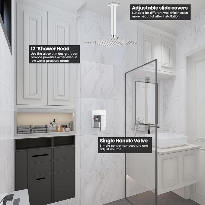 Airuida Shower Faucet Set and Handle Set Single Function Shower Trim Kit Ceiling Mount Rainfall Shower System with Male Threads and Rough-in Valve 12 Inch Square Shower Head Chrome Polish
