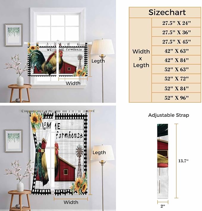 Farmhouse Rooster Kitchen Curtains 36 Inch Length, Small Window Curtains Tab Top - Image 8