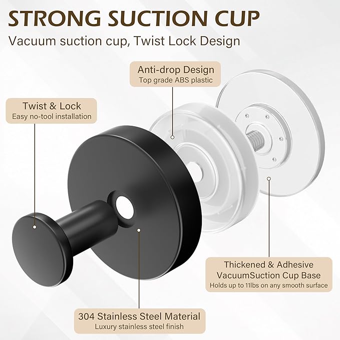 Shower Suction Cup Hooks, Heavy Duty Bathroom Wall Hooks for Towels, Robes, Loofahs, Removable Metal Hook for Tile Glass Mirror, No Drill(4 Pack, Black)