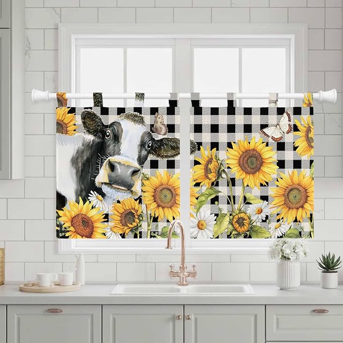 Retro Sunflowers Kitchen Curtains 36 Inch Length, Small Window Curtains Tab Top - Image 3