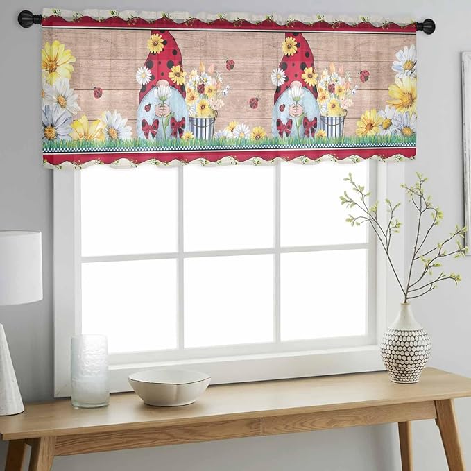 Ladybug Gnome Sheer Valance Curtains, Country Summer Rustic White Yellow Daisy - Image 3