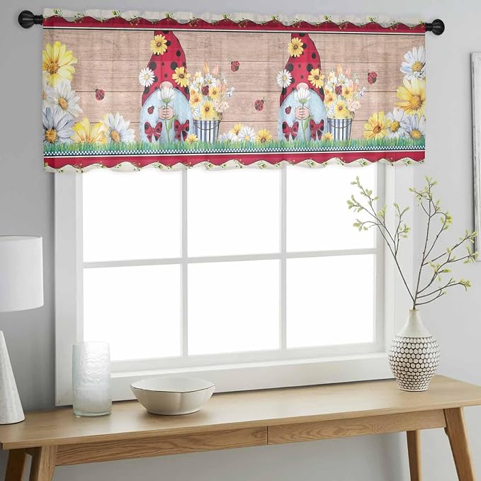 Ladybug Gnome Sheer Valance Curtains, Country Summer Rustic White Yellow Daisy - Image 3
