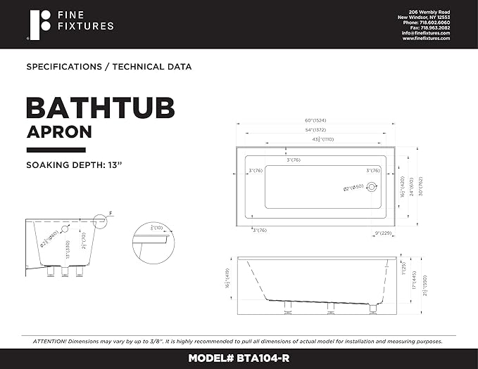 Fine Fixtures Acrylic, Fiberglass Alcove Soaking Bathtub with Integral Apron Front - Drain Included (60" x 30", Right Hand, Black)