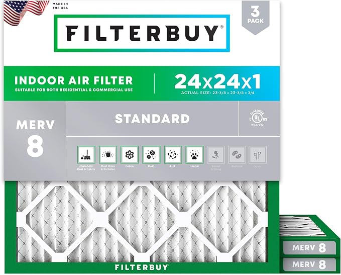 Filterbuy 24x24x1 Air Filter MERV 8 Essential Dust & Allergy Defense, by Filterbuy