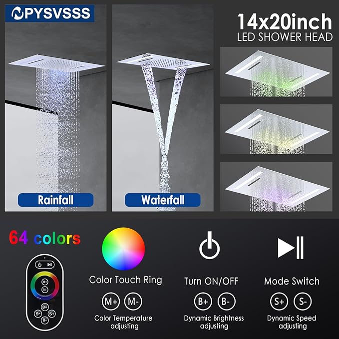 Dual Rain Shower Head Thermostatic Luxury Spa Shower System And Ceiling Mount 14x20 Inch LED 4 Functions with 6 Inch Wall Head Shower Faucet Set,Polished Chrome
