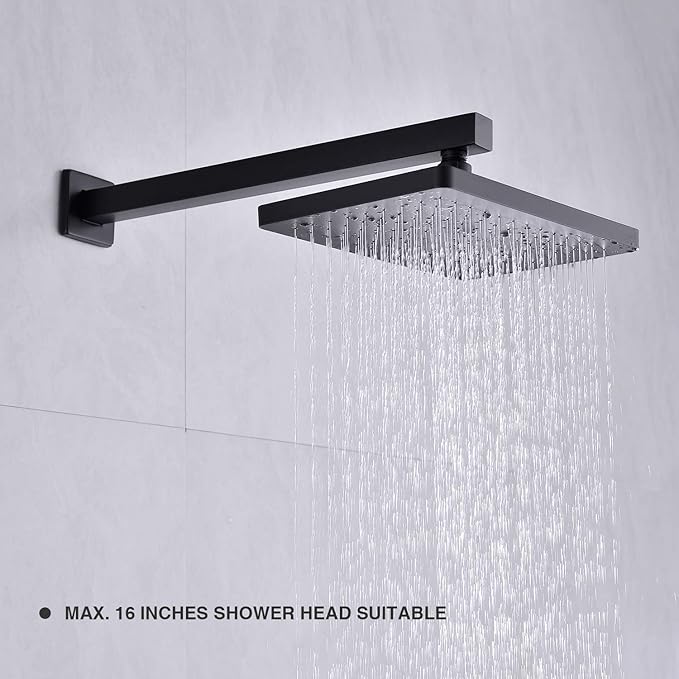 Matte Black Shower Arm with Flange 16 Inch Wall Mounted Extension Arm for Bathroom Rainfall Shower Head, Stainless Steel, Square Shaped