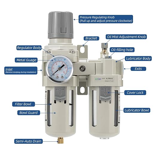 3/8" NPT Compressed Air Filter Regulator Lubricator Combination, Water/Oil Trap - Image 2