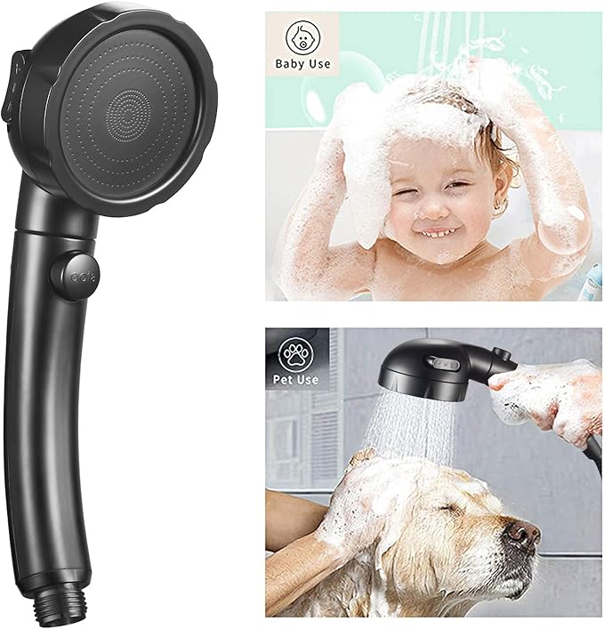 KAIYING High Pressure Handheld Shower Head with ON/OFF Pause Switch, 3 Spray Modes Shower Wand with Shut Off Button, Removable Camper Shower Head with Hose and Adjustable Angle Bracket (Black)