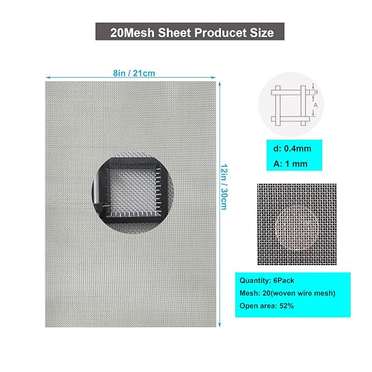 6PACK 304 Stainless Steel Metal Mesh Screen, 20Mesh 1mm Hole Fine Wire Mesh - Image 2