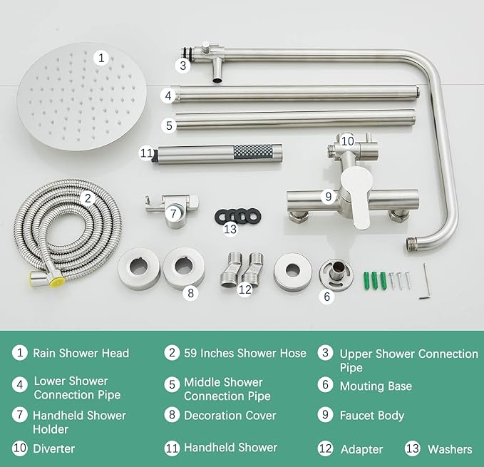Rain Shower System Outdoor Shower Fixtures with 8" Rain Shower Head Handheld Sprayer Single Handle Wall Mounted Bathroom Shower Faucet Set Brushed Nickel for Bathroom or Backyard