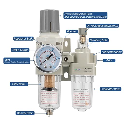 1/4" NPT Compressed Air Filter Regulator Lubricator Combination Water/Oil Trap - Image 2