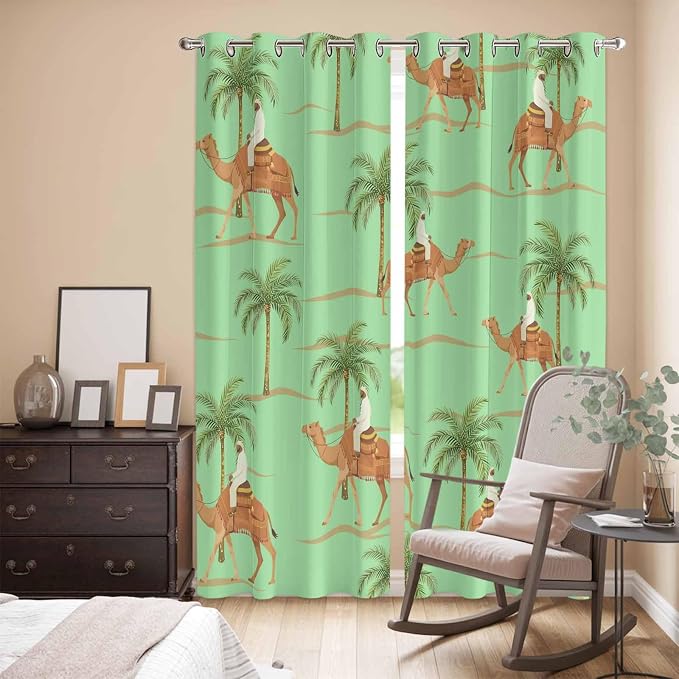 2 Panel Kitchen Cafe Curtains, Desert Camels Sunlight Filtering Nature Air - Image 3