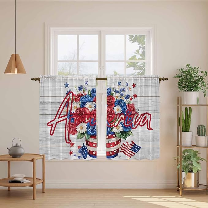 Independence Day Kitchen Curtains 45 Inch Long 2 Panel Set, Rod Pocket Window - Image 3