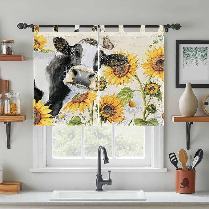 Yellow Sunflowers Kitchen Curtains 45 Inch Length, Short Cafe Window Curtains - Image 3