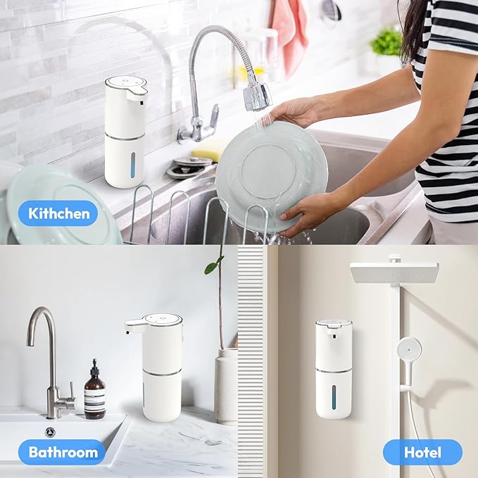 2 Pack Automatic Soap Dispenser Touchless,Liquid Hand Soap Dispenser 12.8oz USB 4levels Adjustable Dispenser Electric Wall Mounted Smart for Bathroom and Kitchen Dish Soap，Easy for Toddlers(White)