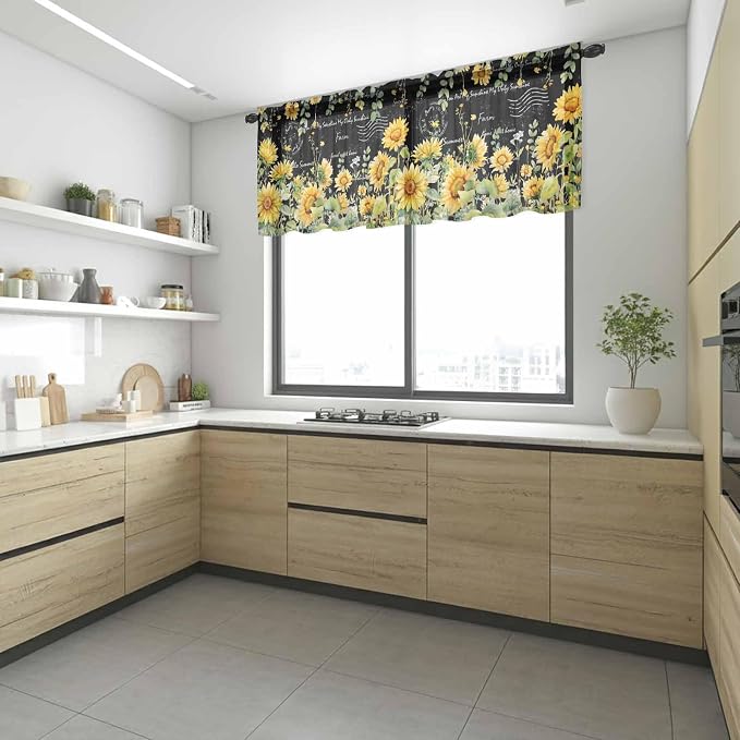 Summer Floral Sheer Valance Curtains, Watercolor Sunflower Eucalyptus Leaves - Image 6