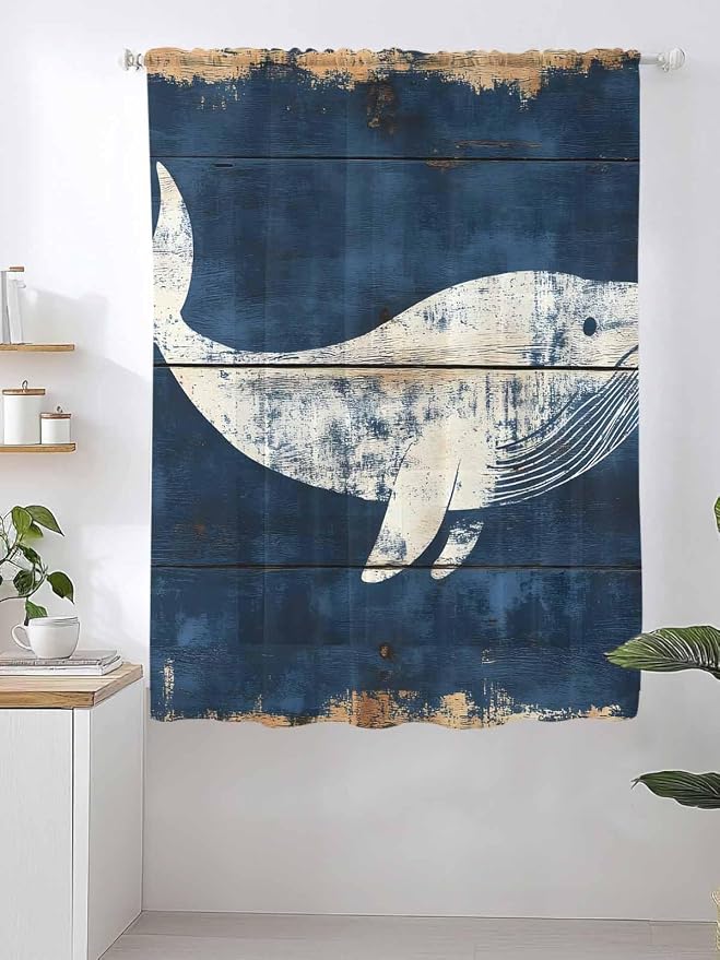 Sheer Curtains 72 Inches Long, Ocean Whale Blue Semi Sheer Curtains Light - Image 2