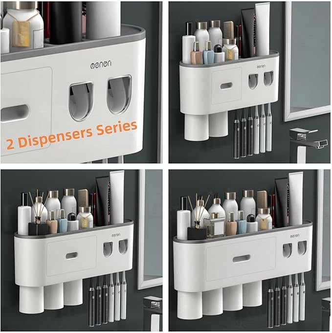 No-Drill Wall Mounted Toothbrush Holder, Bathroom Shelf, with Automatic Toothpaste Dispensers 6 Brush Hooks Magnetic Cups 1 Cosmetic Drawer Organizer and Large Storage (2 Dispensers 2 Cups)