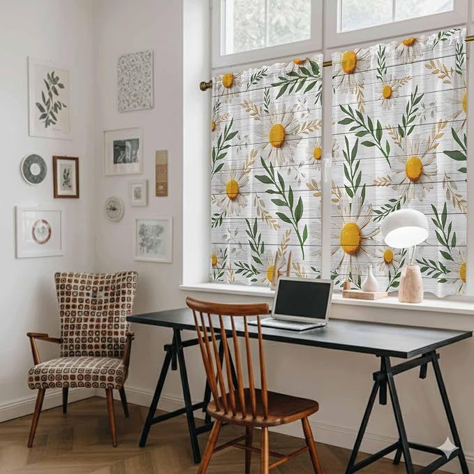 Spring Daisy Tier Curtains, Farmhouse Country Flower Leaf Plant Wood Grain - Image 6
