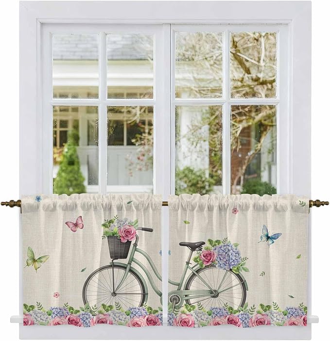 Farmhouse Spring Tier Curtains, Retro Bicycles Flowers Vines Butterfly Light by Unknown